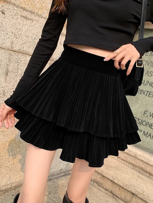 high waist velvet tiered mini skirt