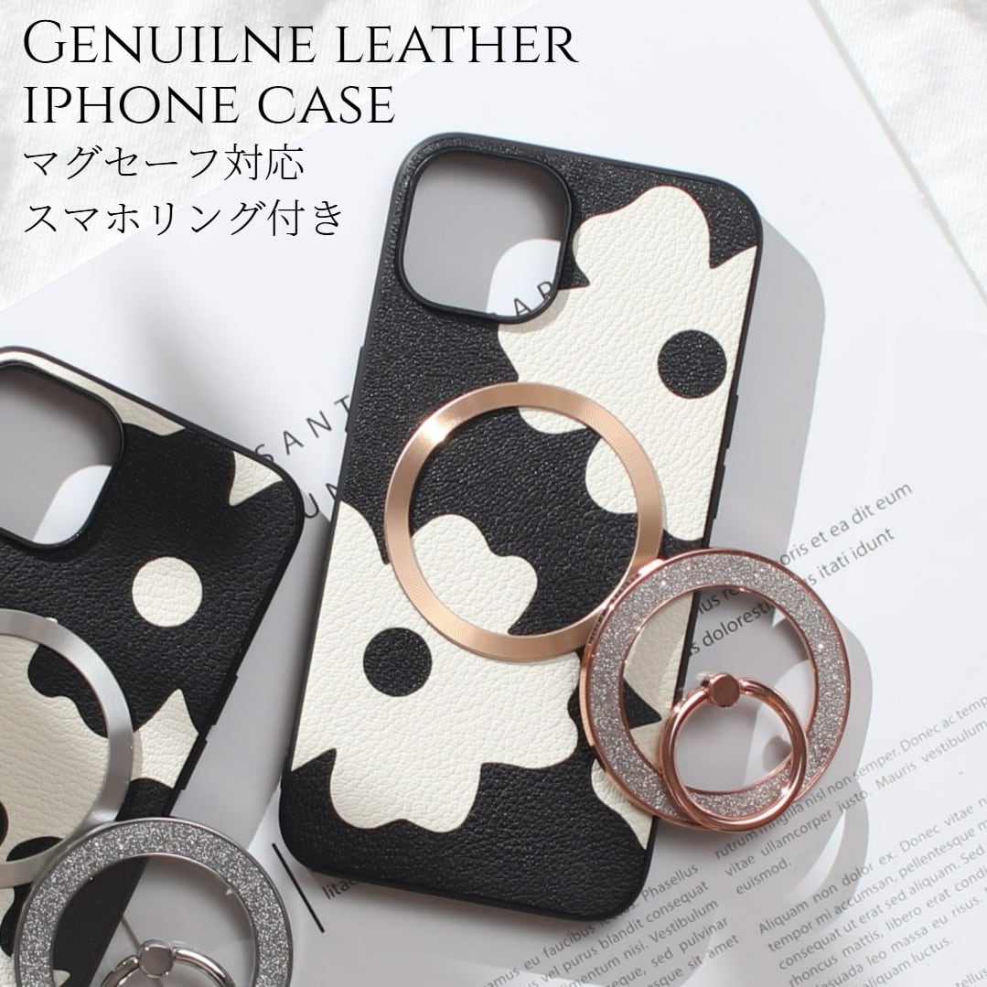 iphone ケース レザー iphone16 iphone15 iphone14 iphone13 リング付き 本革 16 15 14 13 13mini マグセーフ対応 magsafe対応 花柄 ゴートレザー 16pro 15pro カバー リング ホルダー iphoneケース アイフォンケース スタンド マグネット 16プロ 13ミニ 大人可愛い きらきら ゴールド 送料無料