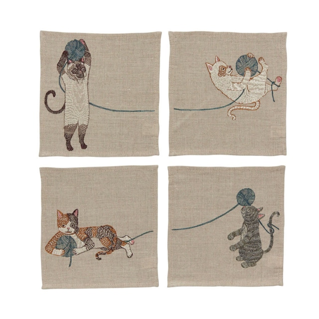 CORAL&TUSK [Playful Cats Cocktail Napkin Set] 毛糸玉で遊ぶ猫 コースター4枚セット(コーラル・アンド・タスク)