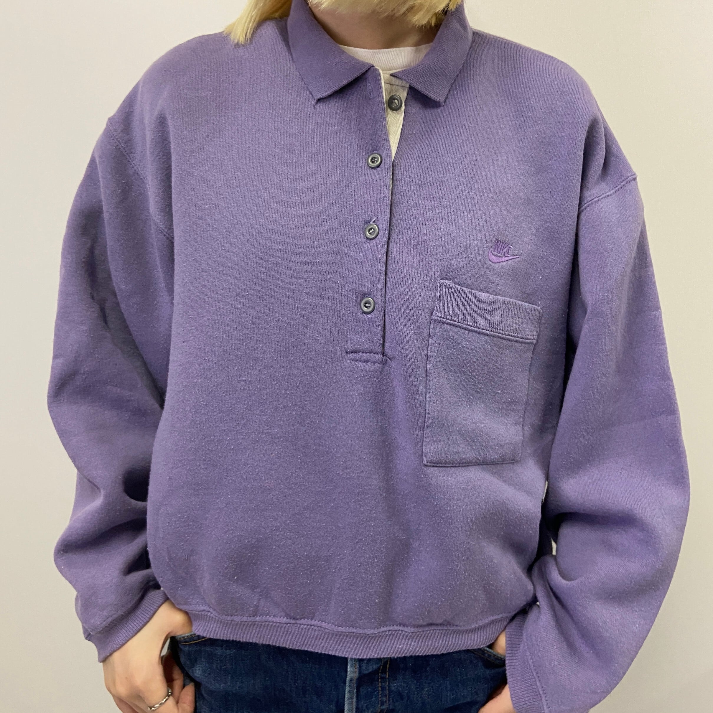 Usa製 90年代 銀タグ Nike ナイキ ワンポイントロゴ刺繍 ショート丈 襟付きスウェット トレーナー レディースm 古着 90s ビンテージ ヴィンテージ 紫 パープル スウェット Cave 古着屋 公式 古着通販サイト