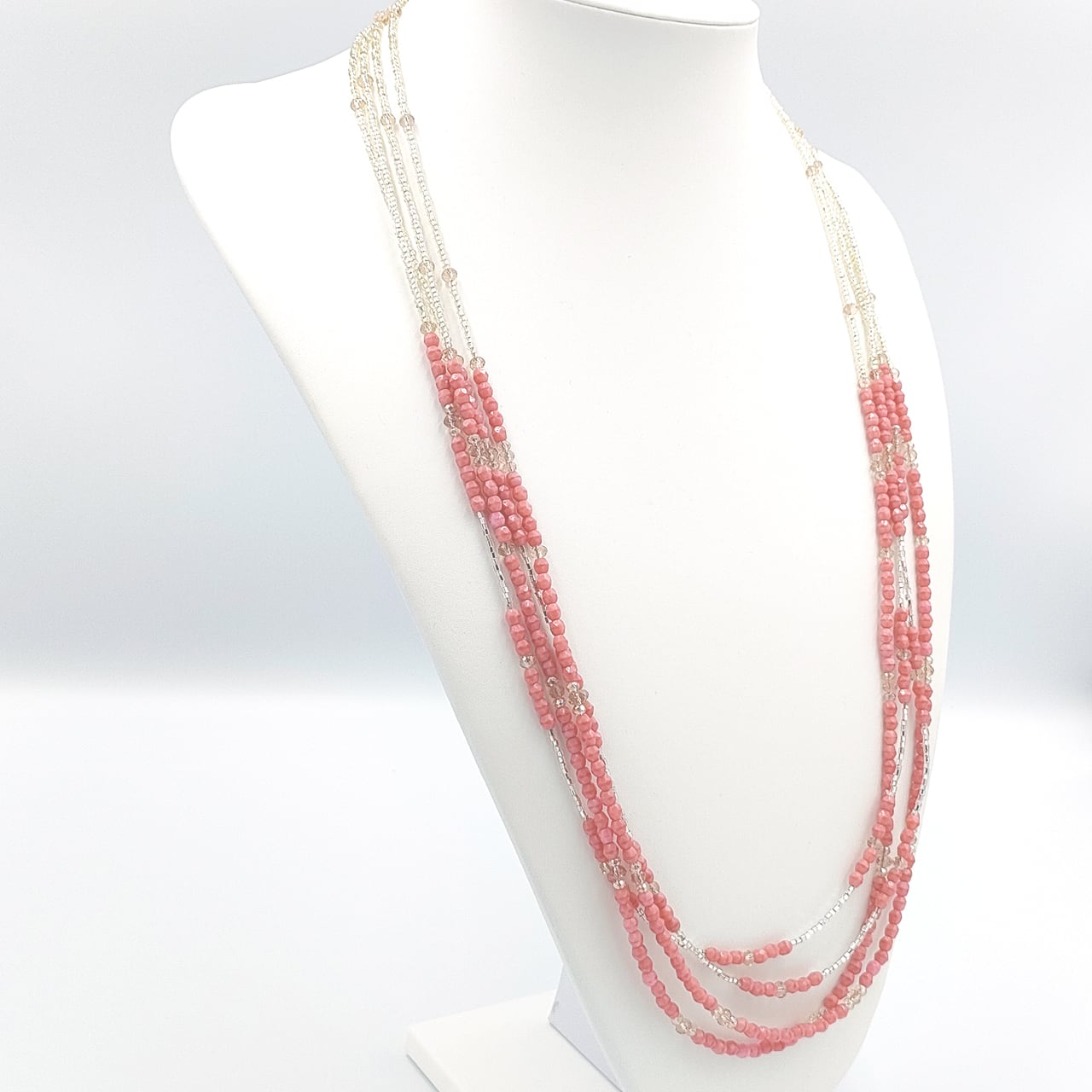 MK-7944】ビーズ4連ロングネックレス（シルバー＆ピンク系
