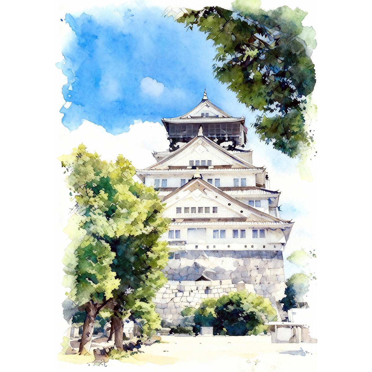 絵画 風景画 日本の城 大阪府 大阪城 インテリアアート額付き 水彩画・油絵風 WAT0688