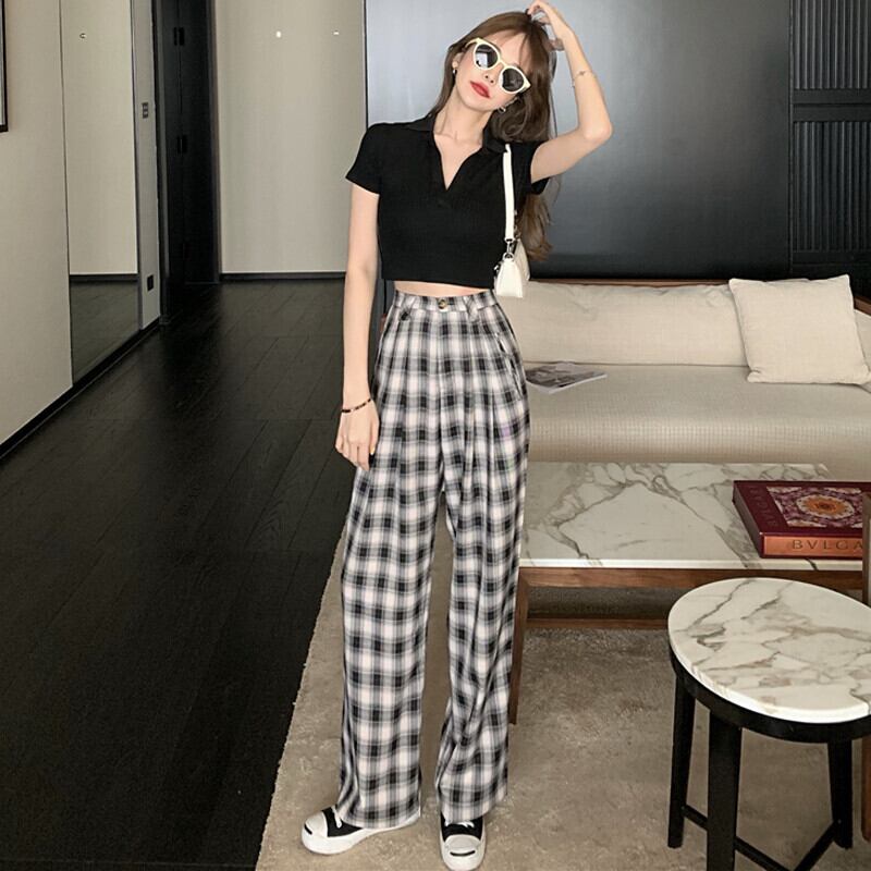 VネックショートニットTシャツ ウェストワイドレッグパンツ サマー ストリート 夏物 ワイドパンツ ガールズファッション41469650706