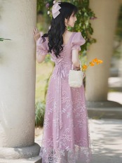 【0033】Ribbon Lace-up Square Puff Short Sleeve Dress