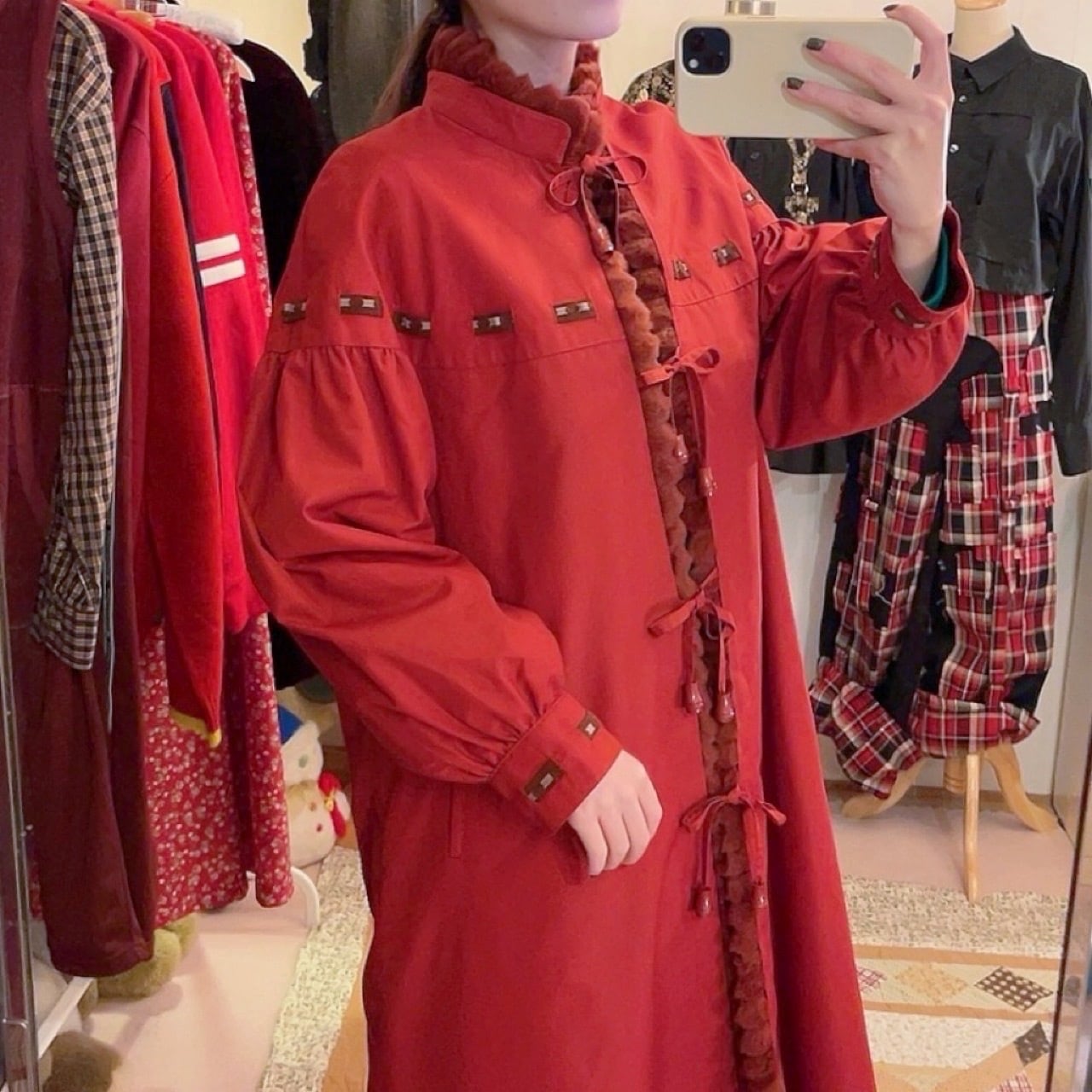 red ribbon fur liner coat