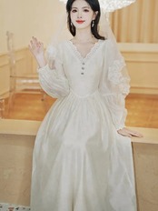 【0114】V-neck Lace Button Long Sleeve Dress