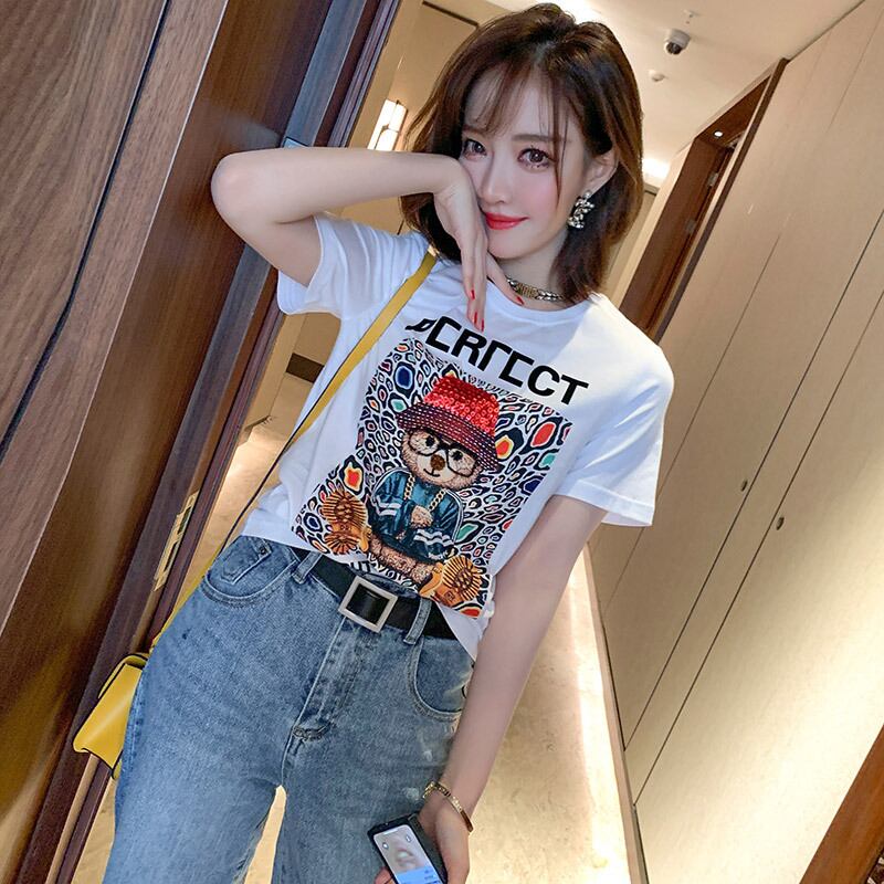 プリント柄ラウンドネックTシャツ スプリングサマー 春物 夏物 Oネック MIUCO22285270818