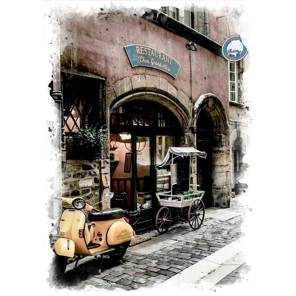 絵画 フランス 風景画(街並み) リヨン バイクとレストランの風景 