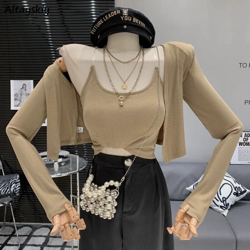 【新作】【送料無料】 セット女性長袖日焼け防止クロップドスリム Hotsweet ジャケットキャミソールシンプルなオールマッチファッション夏新しい女性の韓国スタイルイン 0319279948695