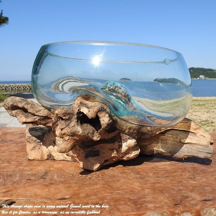 吹きガラスと天然木のオブジェB20 金魚鉢 メダカ 水槽 アクアリウム