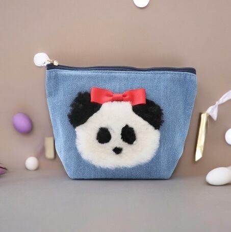 CLOSE SALE☆pc0015 もふもふパンダポーチ《ボンボンリボン》デニム