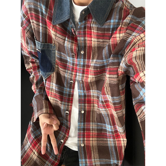 ☀バイカラーチェックのモードシャツ!【XINGQIBAシリーズ】★トップス★ ユニセックス シャツ 2color 切り替え 赤 黄