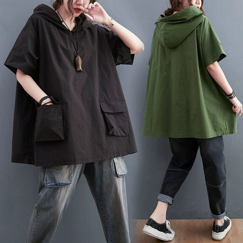 SOLID HOODED HALF SLEEVES A-LINE PULLOVER SHIRT 2colors M-16139