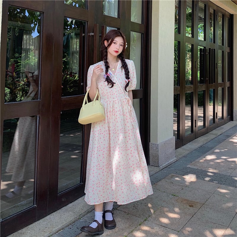 フローラル ワンピース 半袖 袖あり 花柄 ラウンドネック コットン 綿