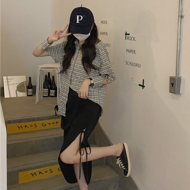 トップス 格子柄シャツ サマー薄手スタンダード ロング レトロ 夏物 萌量不足18969903555