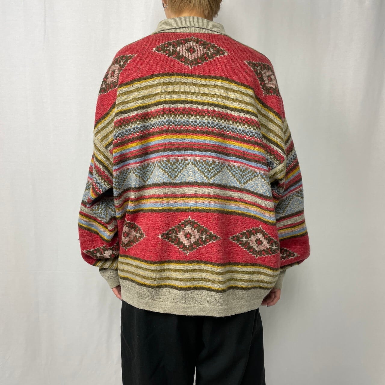 90年代 イタリア製 Indian Ropeman ネイティブ柄 ウール×アクリル ニットポロセーター メンズXL相当 古着 90s