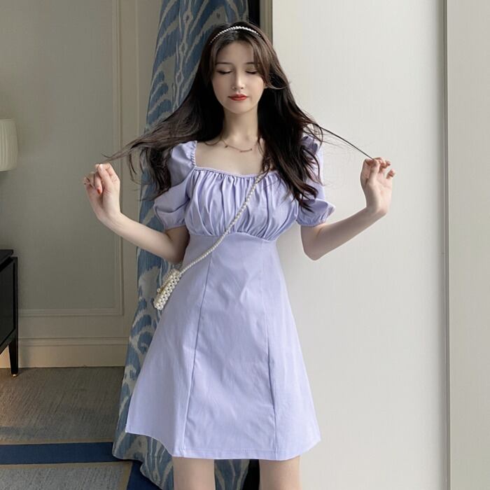 塩は甘いドレスになります2020夏の新しいフレンチパフスリーブスクエアネックウエスト細い気質の妖精のスカート 1号婦人8811316890