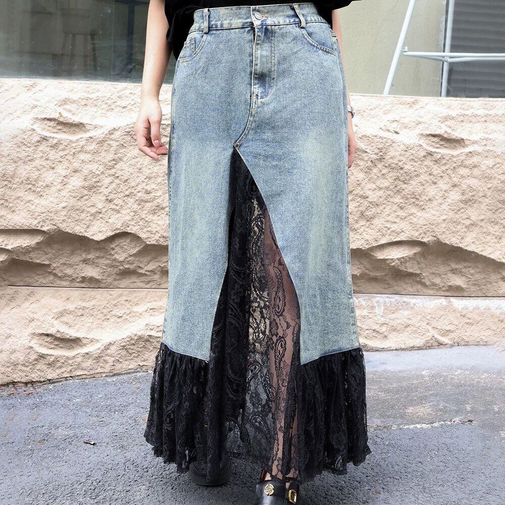 LACE STITCHED A-LINE LONG DENIM SKIRT 3colors M-16264