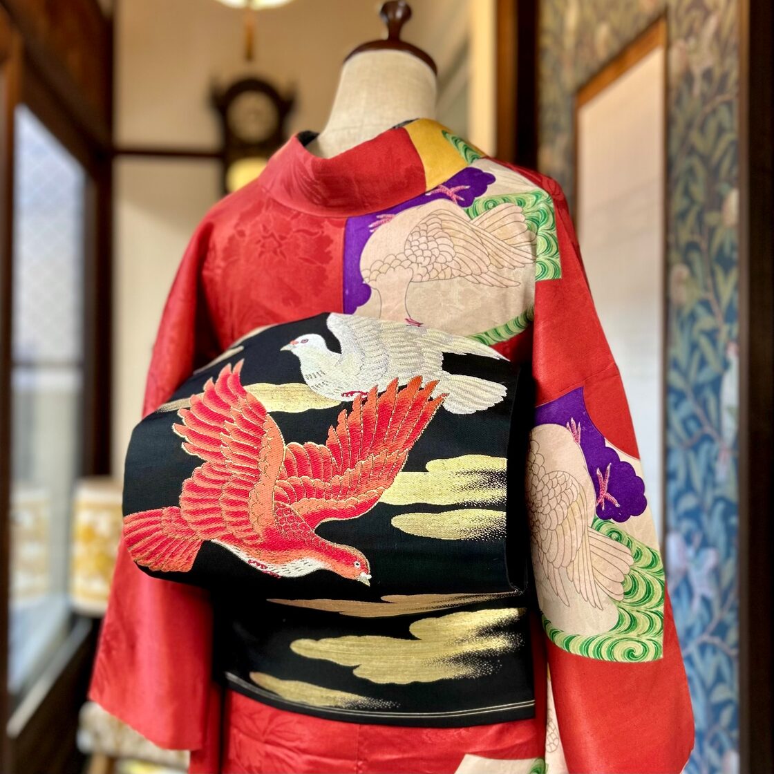 門出の鳩＊黒 ハト 織り模様 アンティーク名古屋帯 A626 | Pay ID