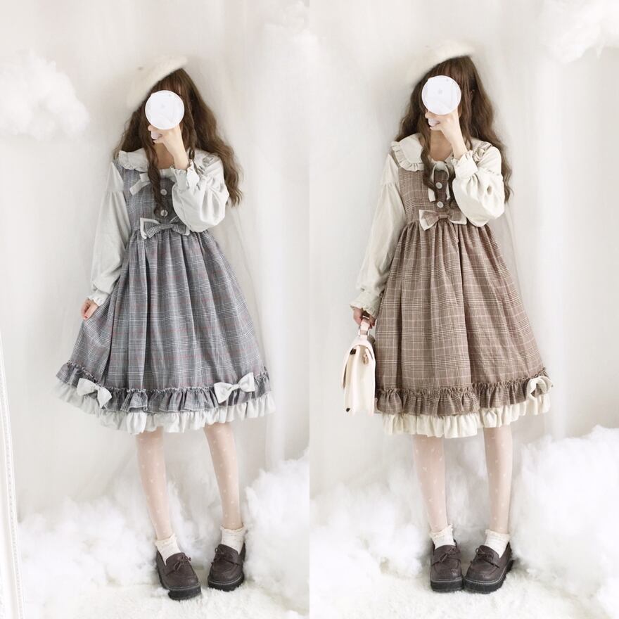 SEASONZ 控えめ クラロリ 長袖 ワンピース フリル リボン チェック柄 丸襟 ミドル丈 ヘッドバンド付き ゆめかわ