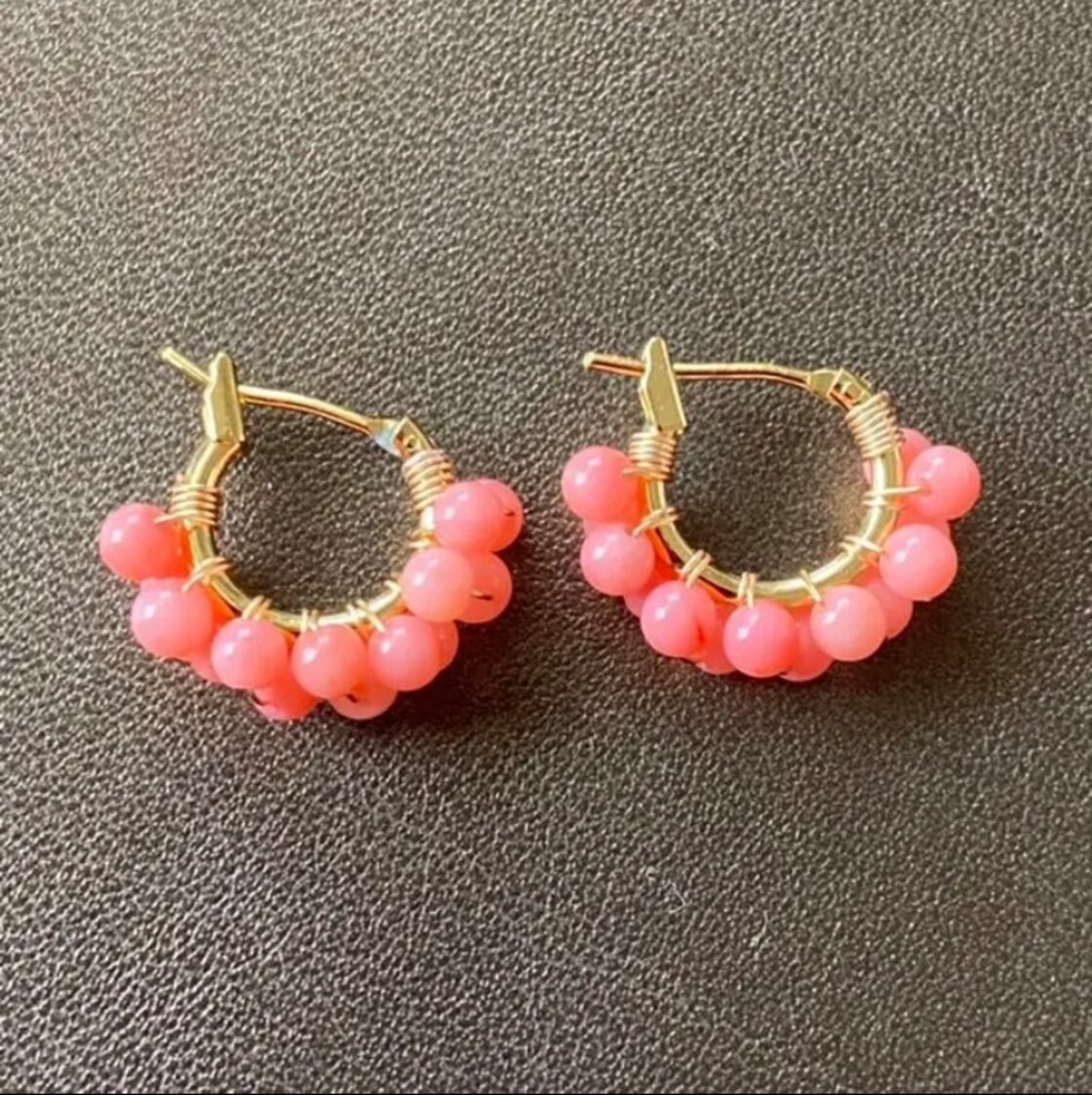 NO.73】チェリーピンク珊瑚 ゴールド フープ ピアス 金属アレルギー 