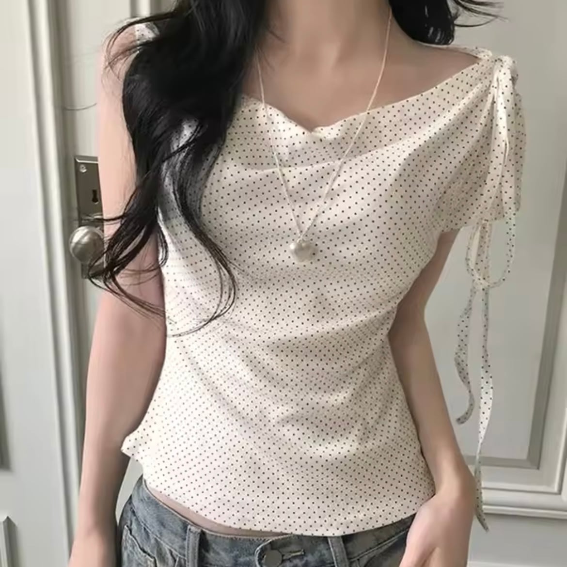polka dot ribbon one shoulder tops