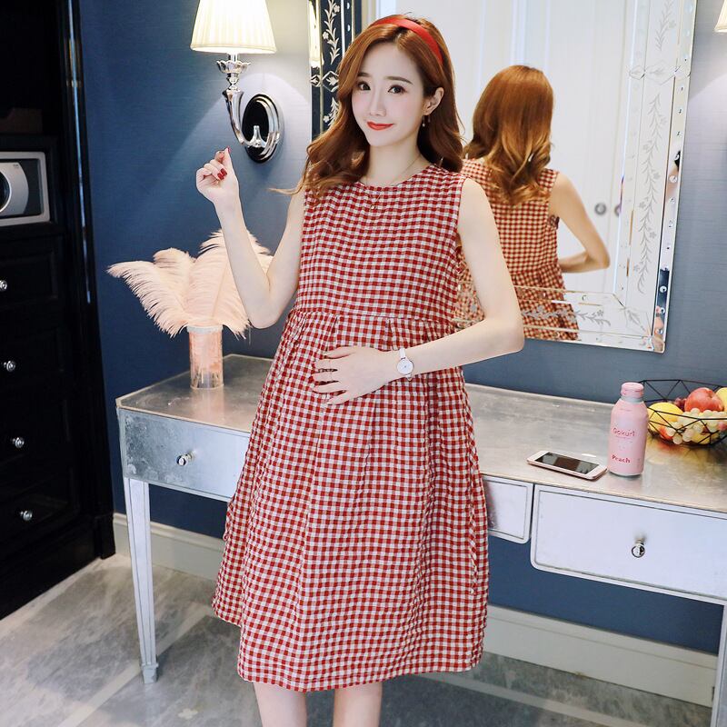 【新作】【送料無料】 マタニティドレス2019年夏の新しいファッションチェック柄ノースリーブドレスルーズミドル丈プラスサイズのマタニティドレス-アリババ 大きめサイズ サマー 夏物 expec265296907212