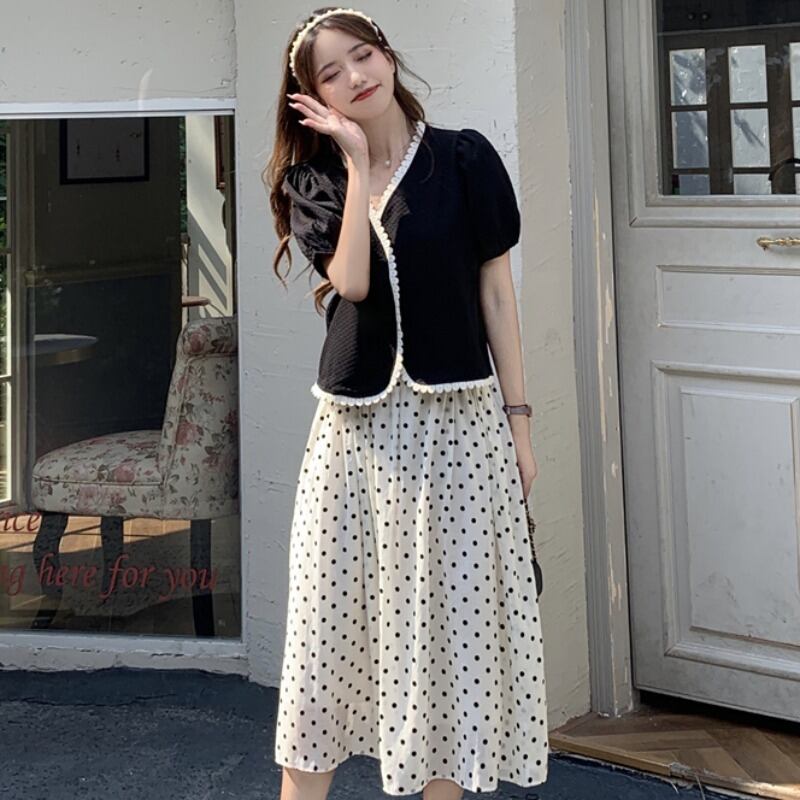 サマースタイルレースVネックブラウス ハイウェストウェストAラインスカート 夏物 YY-ファッション2286686741