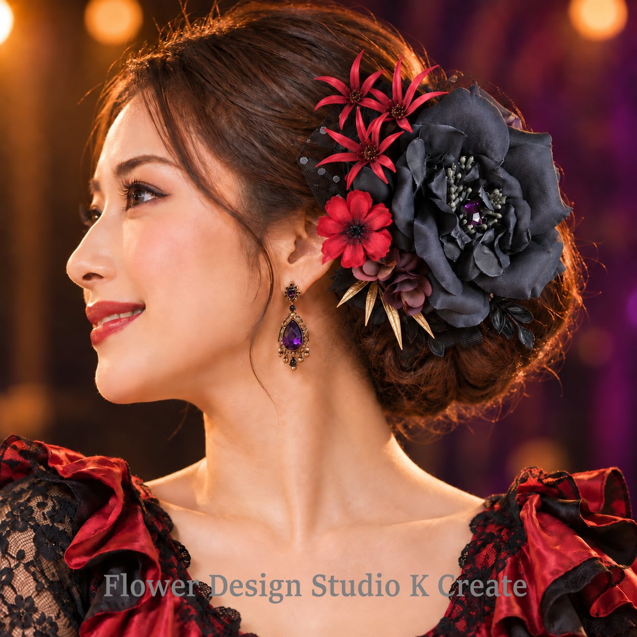 黒い薔薇と赤いコスモスの髪飾り|フラメンコ・花束風ヘアクリップ・舞台ダンス髪飾り・和装洋装・ハロウィン・クリスマスパーテ