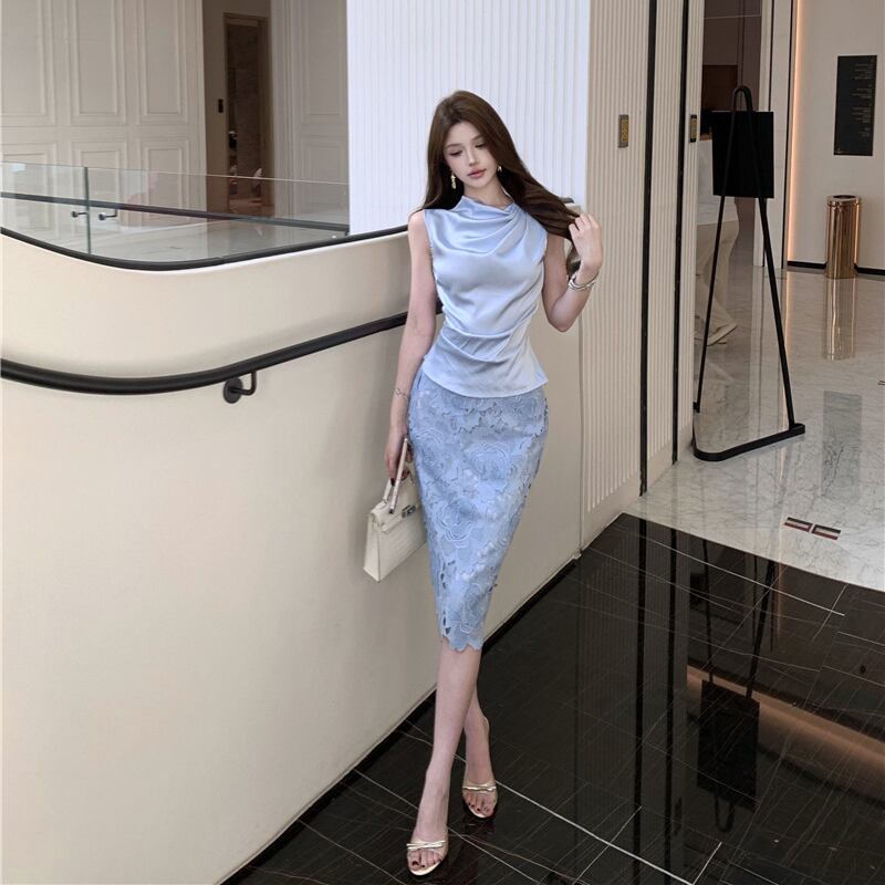 【set】ノースリーブトップス×レーススカートセット M32594