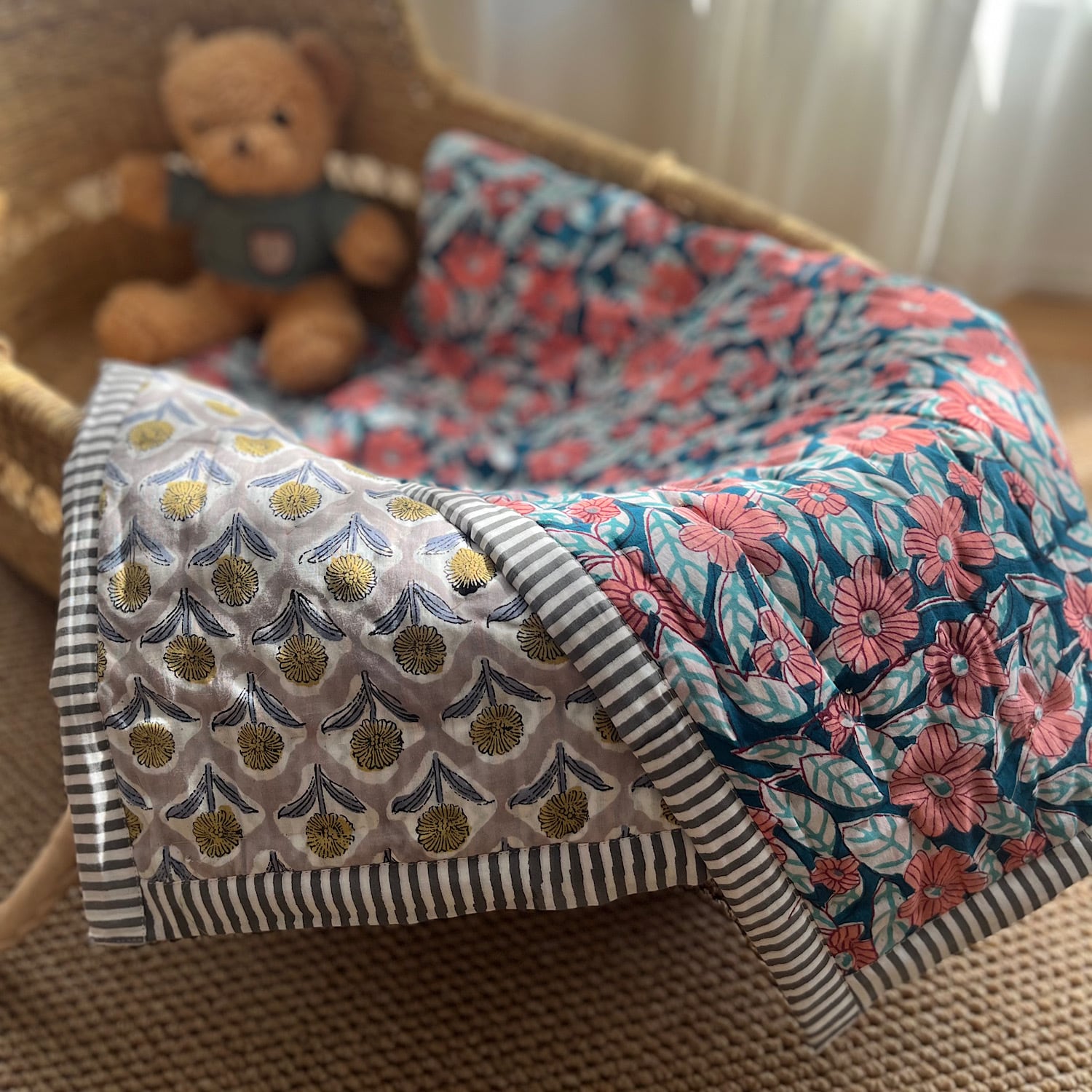 【訳あり特価☆】ブロックプリントキルト／ベビーキルト／ブランケット Dusty Pink/ブロックプリントベビーキルト | Chai Bebe