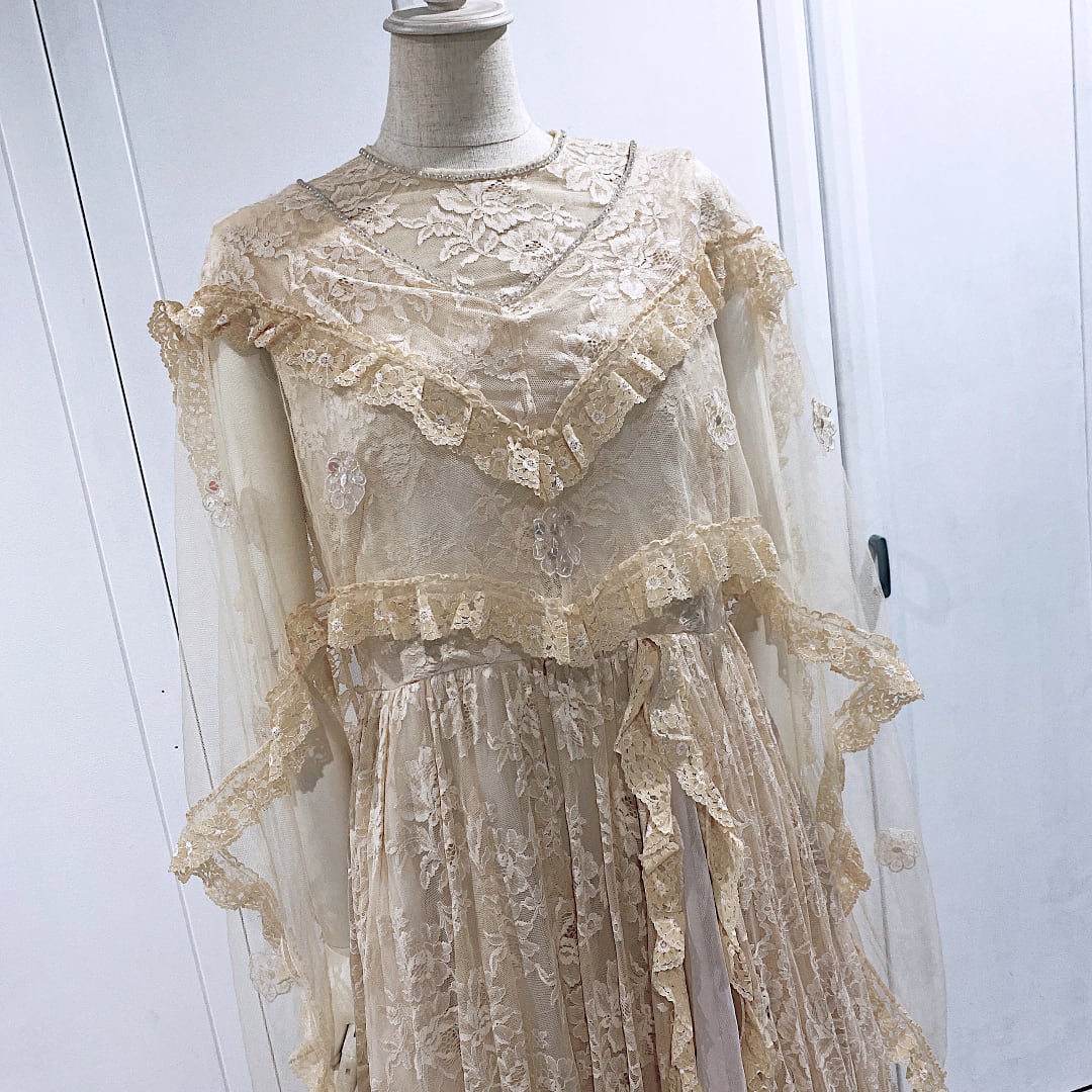 日本製ベージュレースマントヴィンテージウエディングドレス