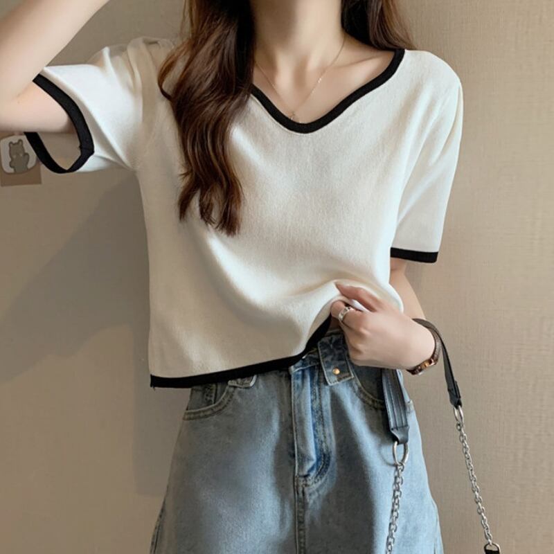 ホワイトVネックセーター サマーレッドスタイル薄手トップス 夏物 スーパーモール50991522735