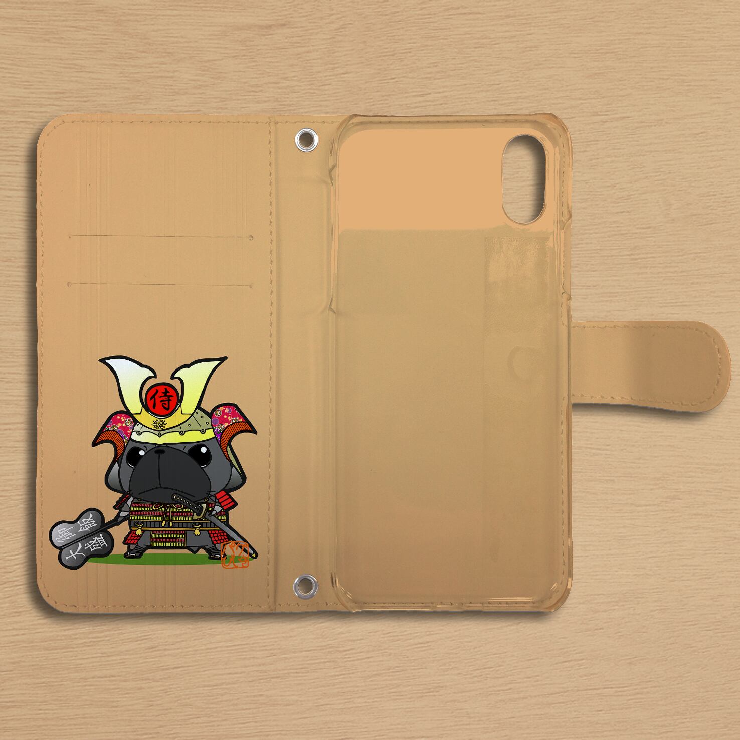 スタンド付き 両面印刷 手帳型 iphoneケース パグ侍（黒パグ）
