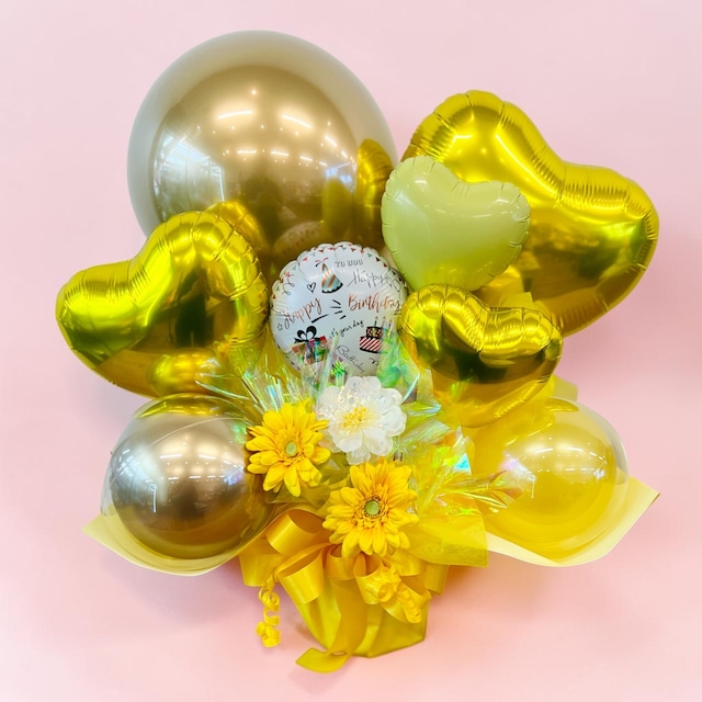 【メッセージ変更OK】フラワー＆バルーンアレンジ イエロー｜誕生日・発表会・記念日・結婚祝い・ありがとうギフト【名入れ対応】