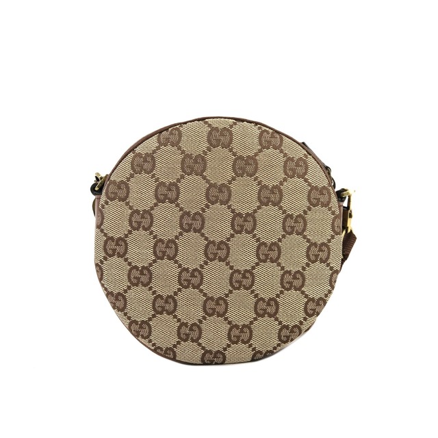 GUCCI グッチ　ロゴプレート　GGキャンバス　レザー　サークル　ラウンド　ミニバッグ　ポシェット　ショルダーバッグ　ベージュ×ブラウン　vintage　ヴィンテージ　オールドグッチ　fpg7wa