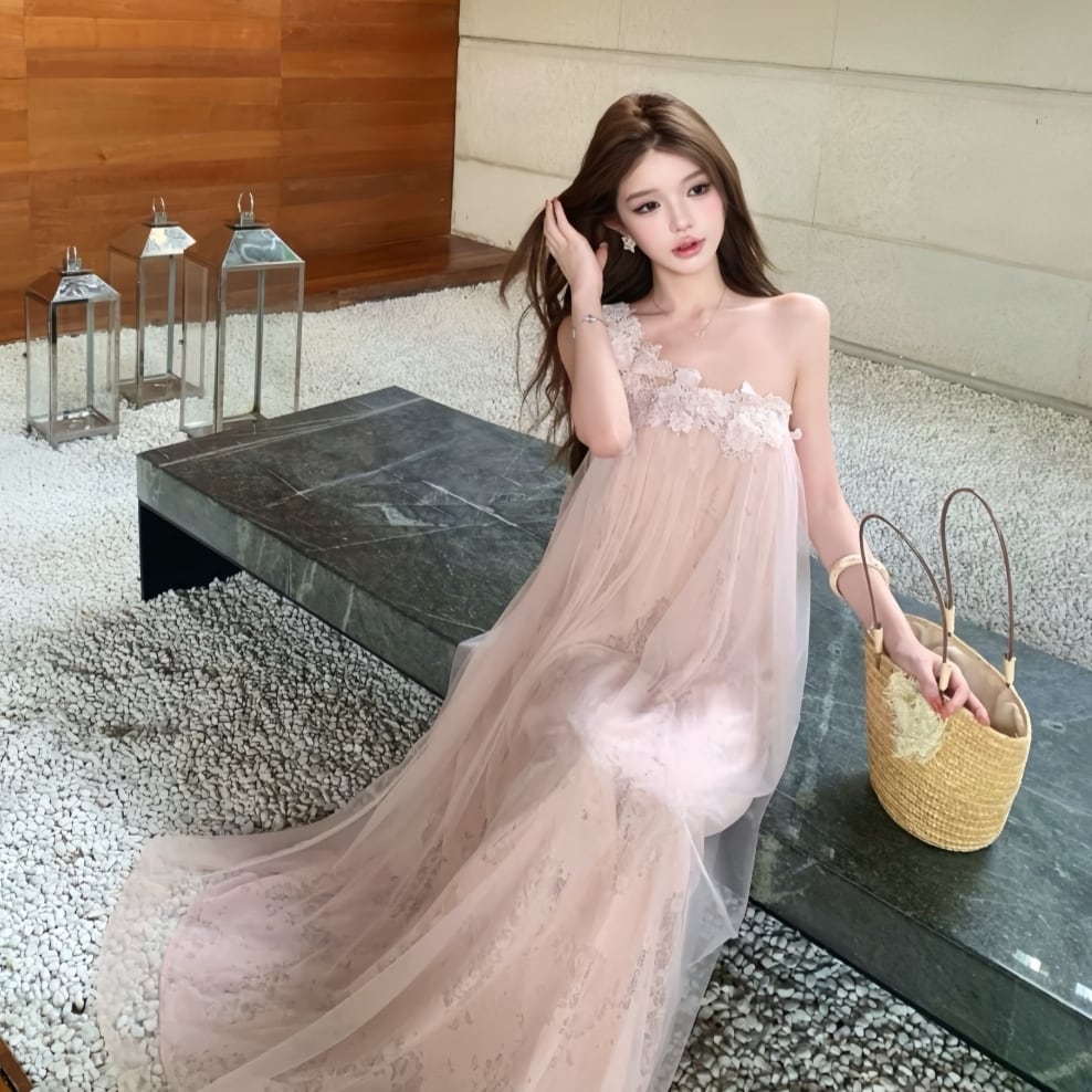 【dress】ワンショルダーレースドッキングチュールワンピース K0558