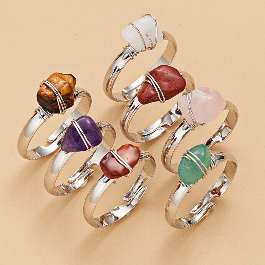 送料無料 ワイヤーラップ天然石オープンリング女性手作りクリスタル虎