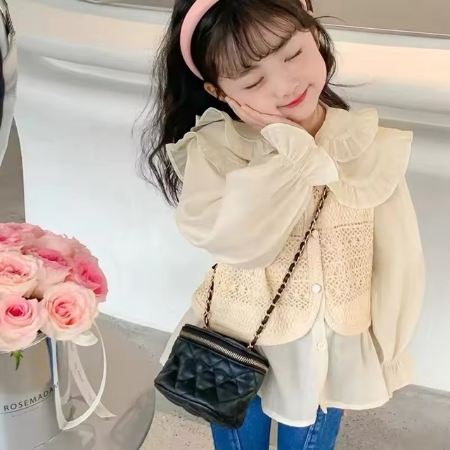 ★送料無料★  女の子 ダブルカラーブラウス シアーベストセット 100cm〜140cm  春 夏 韓国子供服