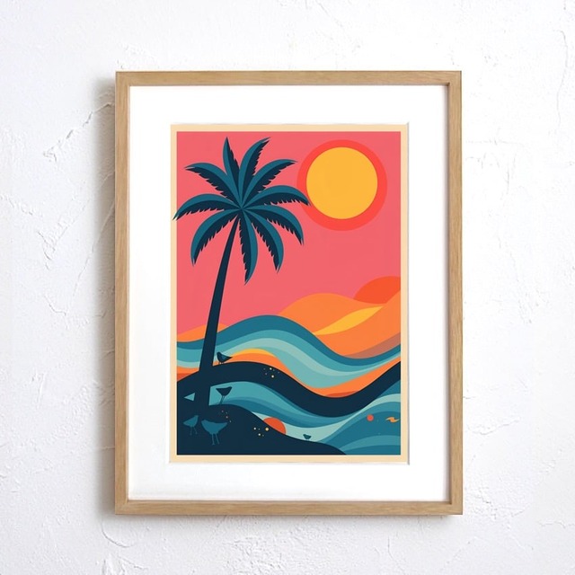 Sunset Palm Rhythm｜夕陽とヤシが描く南国モダンアートポスター｜波のリズムが心地よい抽象風景画｜A4ポスター