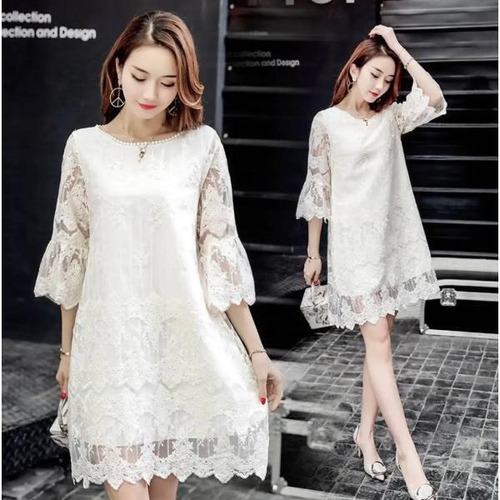 ワンピース Aライン レース シースルー レディース 女性 膝上丈 7分袖 上品 お嬢様 清楚 パーティ きれい 白 春 夏 秋 大きいサイズ おしゃれ 20代 30代