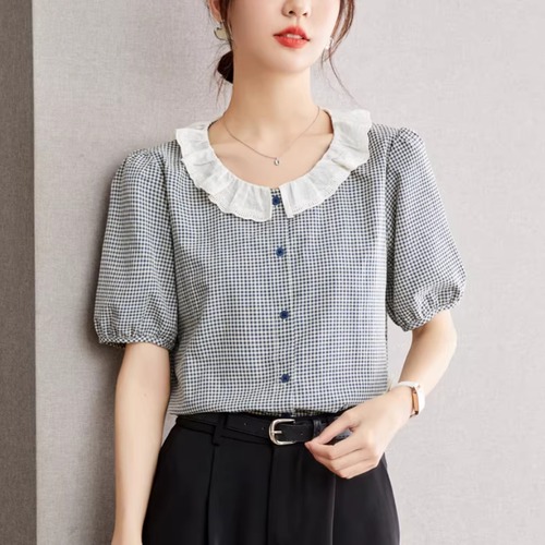 レースカラーチェックパフスリーブブラウス ・76277