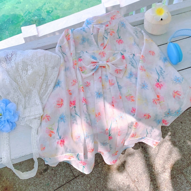 back ribbon flower resort shirt【2color】  e1979