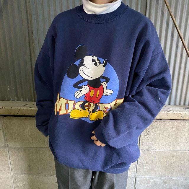90s Disney ミッキー 大判 スウェット ネイビー Mサイズ 80-90