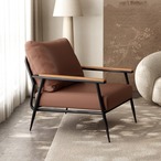 モダン アームチェア 一人掛け ソファ 北欧風 スチールフレーム ウッドアーム レザー調 ファブリック リビングチェア ラウンジチェア インダストリアル ミッドセンチュリー