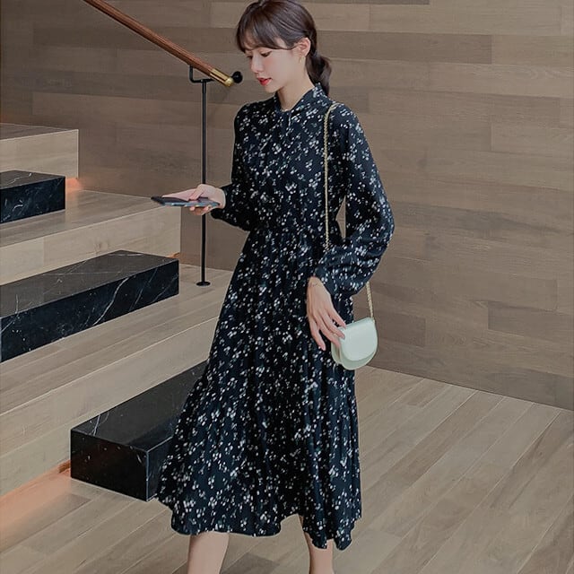 ワンピース レディース シフォンワンピ ミディ丈 ミモレ丈 ひざ下丈 長袖 リボンタイ 花柄 総柄 フレア かわいい ブラック S/M/L/XL