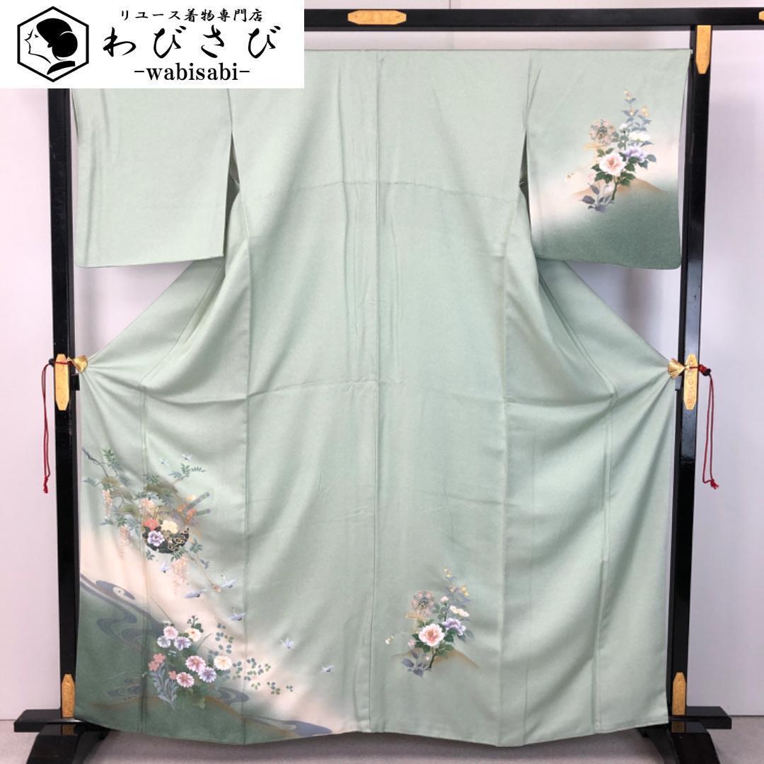 ☆ 単衣 紬着物 付下げ 手描き 花模様 風景 鉄葡萄色 しつけ糸 K-4622 単衣 紬着物 付下げ 手描き 花模様 風景 鉄葡萄色 しつけ糸 K-4622