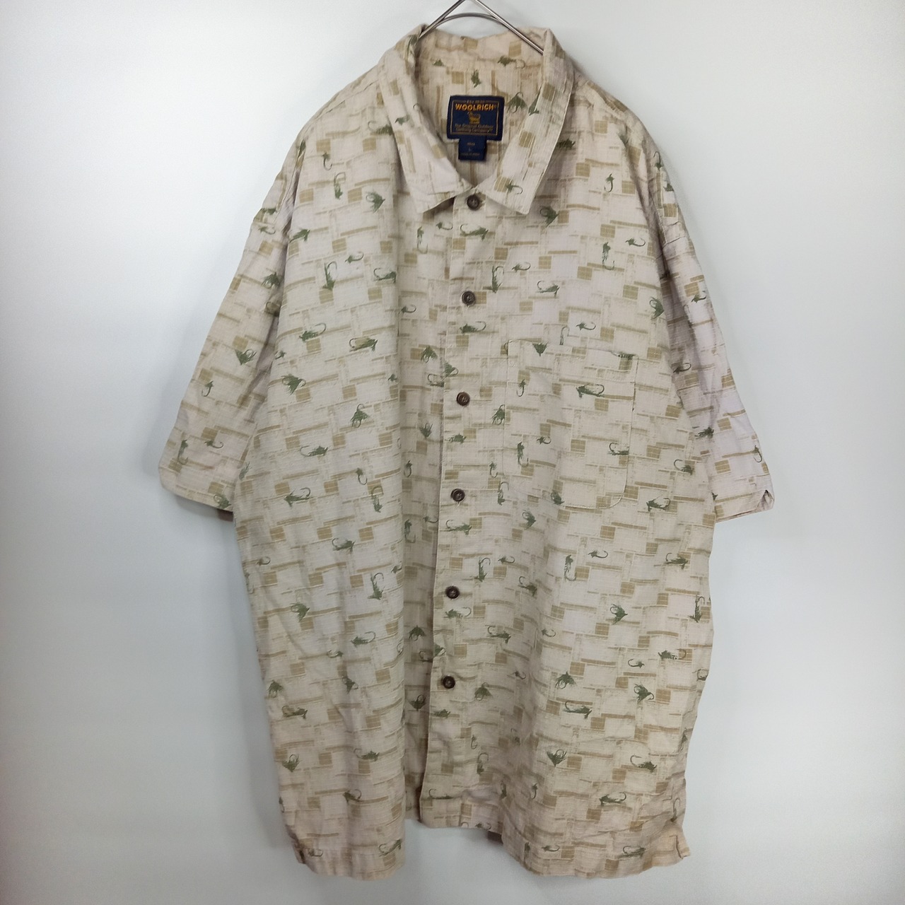 90s　ウールリッチ　コットンシャツ　総柄　半袖　ベージュ　L