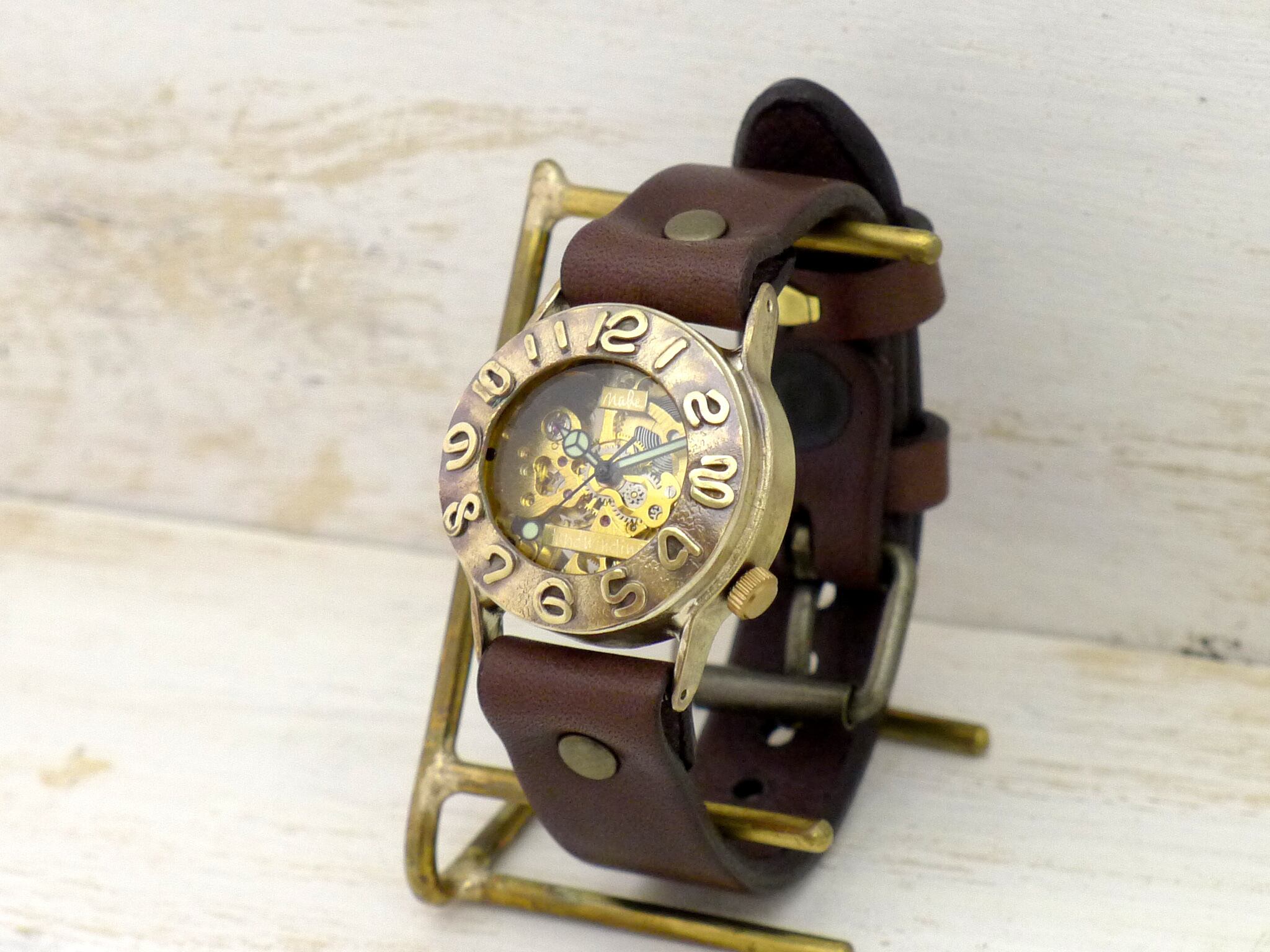 BHW014 手巻きBrass(真鍮)32mm 立体数字ベゼル 手作り腕時計 [BHW014GD ...