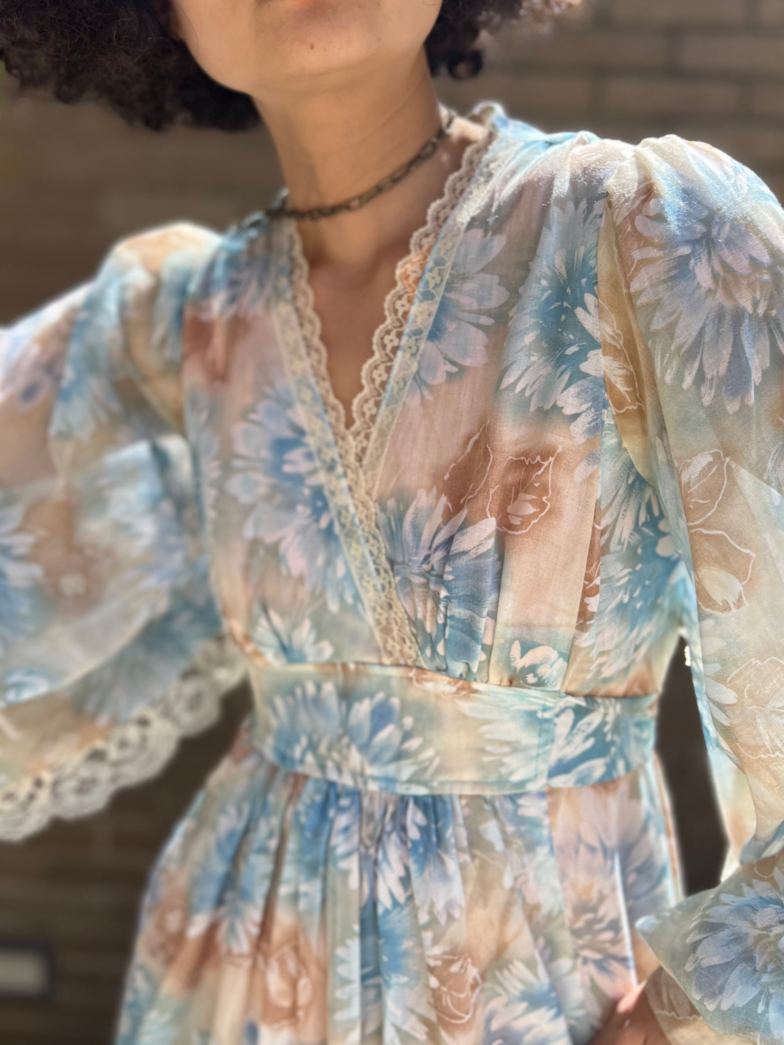 70s floral × lace dress ( ヴィンテージ 花柄 × レース ワンピース